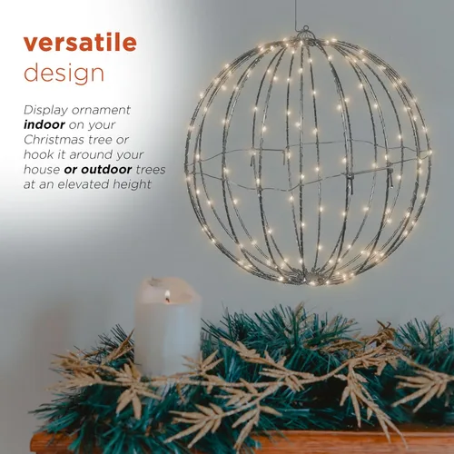 Vista 4 de Alpine Corporation Adorno colgante de metal plegable para interiores y exteriores de 16 pulgadas de alto, con luces LED blancas cálidas, decoración