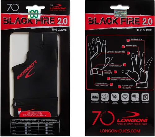 Vista 4 de Longoni Black Fire 2.0 - Guante de billar para mano izquierda o derecha, color negro