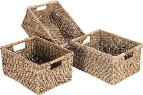 Vista 11 de Cesta de hierba marina natural con mango de madera, cesta de mimbre rectangular mediana para sala de estar, 12.2 x 8.9 x 6.7 pulgadas, paquete de 3