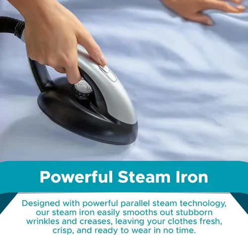 Vista 5 de Steam & Go - Vaporizador y plancha todo en uno, vaporizador a presión para ropa con tabla de planchar y colgador de ropa, vaporizador de tela