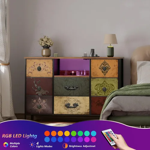 Vista 11 de VASICAR Cómoda con Patrón con Luces LED y Tomas de Corriente, Cómoda Soporte de TV con 8 Cajones para TV de 55", Cómoda de Tela con Cajones