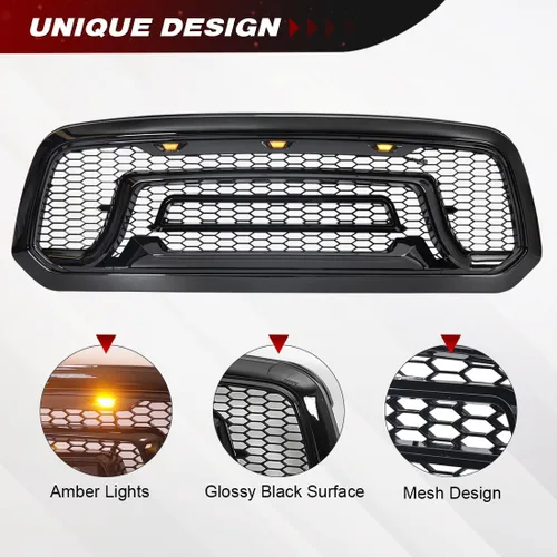 Vista 4 de Rejilla frontal negra brillante compatible con Dodge Ram 1500 2013-2018, Ram 1500 Classic 2019-2023, con luces ámbar (sin letra "RAM")