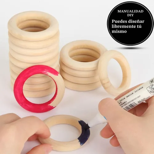 Vista 5 de 100 anillos de madera para manualidades, anillos de madera de 2 pulgadas para manualidades, anillos de madera sin terminar de 2.165 in, naturales