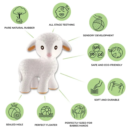 Vista 2 de CaaOcho Mia The Lamb - Mordedor de goma natural pura para bebés, juguete para bebés sin BPA, juguetes de dentición totalmente naturales para bebés
