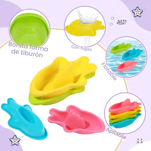 Vista 4 de Juguetes de baño sin moldes, 11 piezas Botes flotantes seguros, fáciles de limpiar y divertidos & cuchara & regadera y juguete de ballena