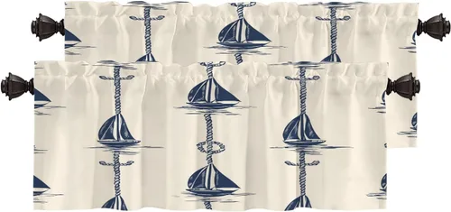 Vista 131 de Maritime Ocean Blackout Tier Curtains, Anchors Nautical Art Half Window Drapes for Kitchen with Rod Pocket,Room Darkening 2 Pack 26X24 Inches