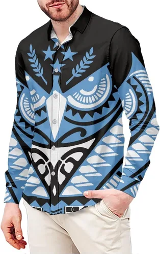 Vista 6 de Camisas polinesias para hombre con patrones de hojas tropicales polinesias, camisa hawaiana de manga larga para hombre, ropa de vacaciones de otoño