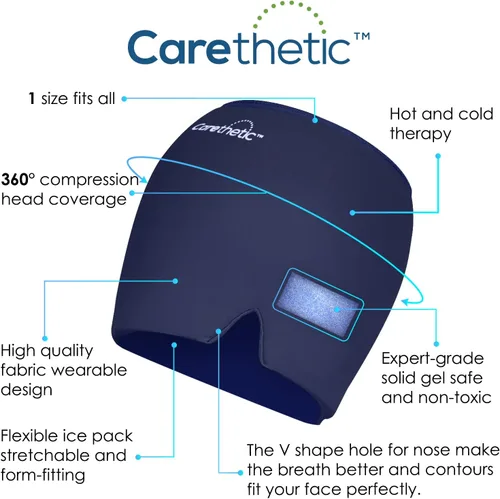 Vista 5 de Carethetic - Gorro de alivio de migraña - Sombrero de terapia de frío y calor, tapa ergonómica de gel para migrañas, estrés y ojos hinchados, ajuste