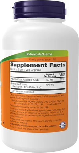 Vista 2 de Suplementos NOW Foods, extracto de té verde 400 mg con vitamina C para dieta, protección celular*, 250 cápsulas vegetales