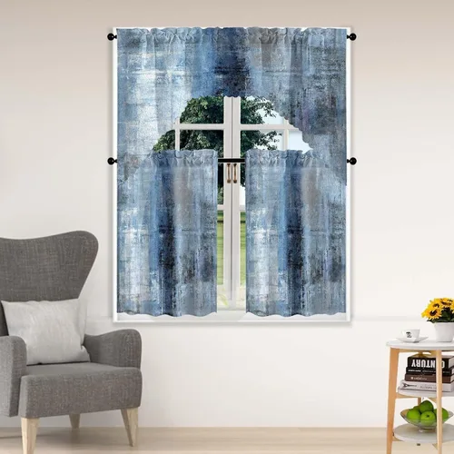 Vista 14 de Blue & Swag - Juego de 3 cortinas para ventana de cocina, cenefa de arte abstracto gris con bolsillo para barra para cocinas modernas