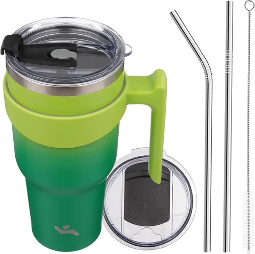 Vista 85 de Konokyo - Vaso de 10 onzas con asa y 2 popotes, 2 tapas, botella de agua aislada de acero inoxidable, taza de viaje reutilizable, color verde militar
