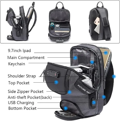 Vista 2 de Uaskmeyt Mochila antirrobo con cerradura TSA, resistente al agua, mochila cruzada