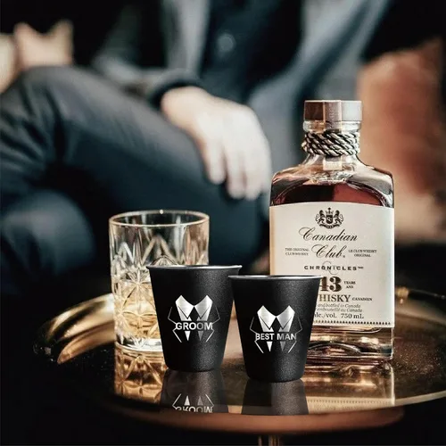 Vista 5 de PartyGifts&beyond 7 vasos de chupito para padrinos de boda para despedida de soltero y día de boda, vasos de chupito de acero inoxidable de 2 onzas