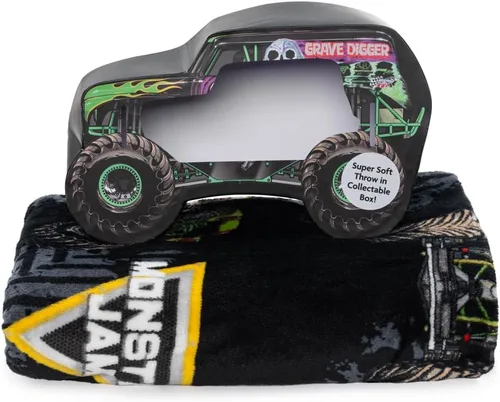 Vista 3 de Manta Monster Jam con caja de regalo – La manta mide 46 x 60 pulgadas – Edición especial súper suave. Negro - Monster Jam