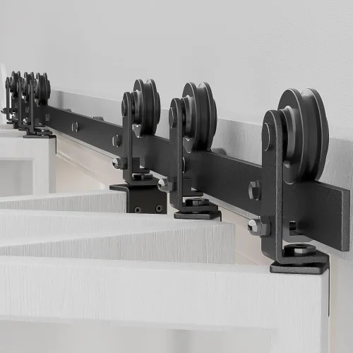 Vista 7 de Kit de riel de puerta corrediza de granero biplegable de 7 pies/84 pulgadas para interior de 8 puertas, resistente