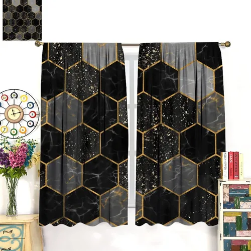Vista 97 de Cortinas Negras con Dobladillo Dorado, Cortinas Opacas con Bolsillo para Barra con Estampado de Rayas de Foil en Onda Dorada para Decoración de Negro