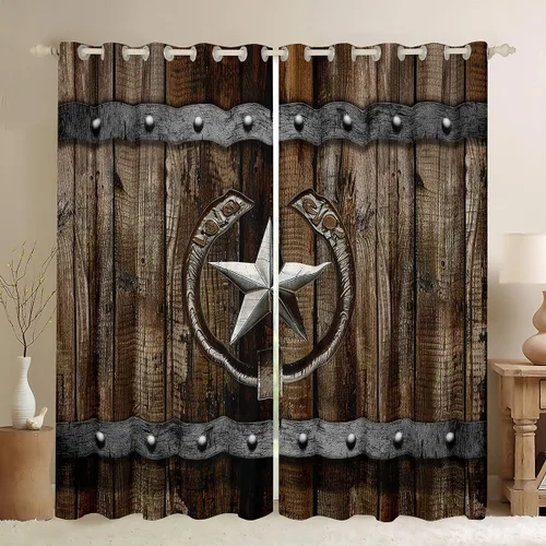 Vista 9 de Cortinas de ventana de herradura con estrellas de Texas, cortinas de granero de madera rústicas occidentales, 38 pulgadas de ancho x 45 pulgadas