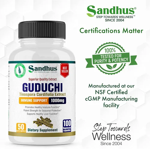 Vista 5 de Sandhu's Guduchi (Tinospora Cordifolia) Giloy 100 cápsulas vegetarianas de apoyo inmunológico 1000mg por porción