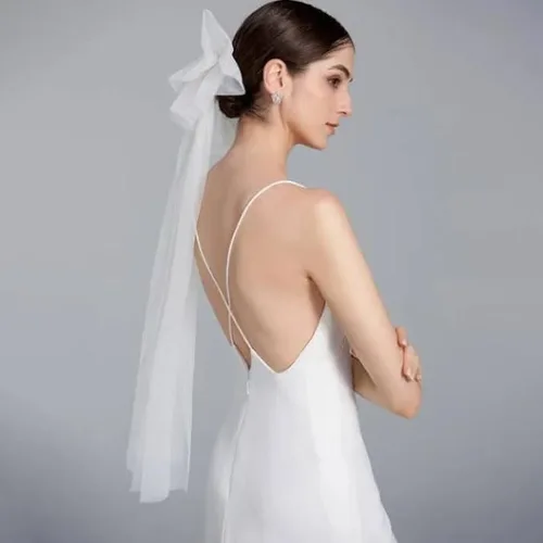 Vista 2 de Cliory White Hair Bow Veil Bridal Hair Bow Veil Short Bridal Veil White Tulle Veil Bride Veil Clip Bachelorette Party Hair Veil Accessories for