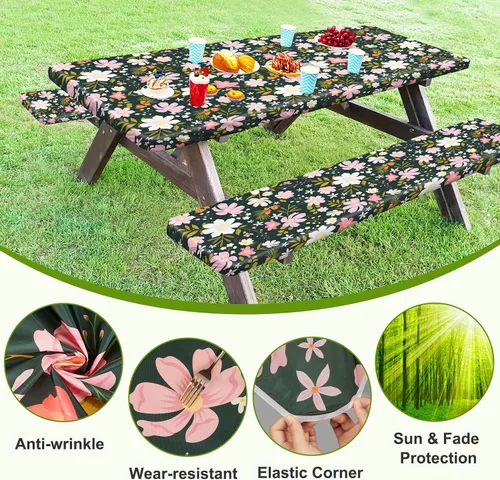 Vista 5 de ICOSY Mantel de picnic con fundas de banco de 30 x 72 pulgadas, resistente al viento, mantel rectangular ajustable para mesas de 6 pies, accesorios
