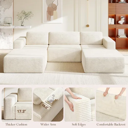 Vista 7 de Vesgantti Sofá modular en forma de U de 119 pulgadas, sofá modular de pana con asiento profundo y soporte de resortes, sofá convertible con 2 Beige