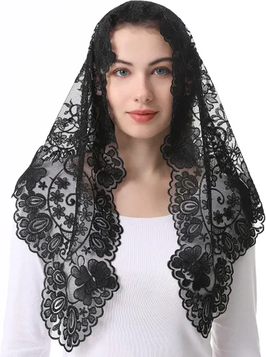 Vista 3 de Bozidol Velo de mantilla triangular para mujer estilo español bordado de camelia bufanda de encaje con flecos para misa latina