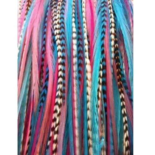Vista 4 de Extensión de pelo de plumas: Remix de sirena Grizzly, cinco plumas de gallo auténticas, todas unidas, que van de 6 a 12 pulgadas de largo, con una