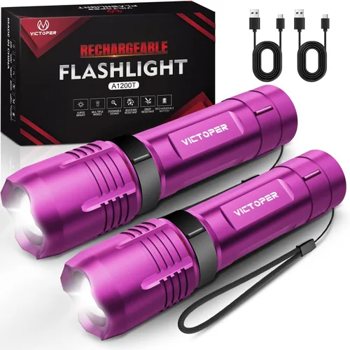 Vista 12 de Victoper Red Rechargeabe Flashlight 2 Pack, High Lumens 5 Modes LED Bright Tactical Flashlights, Waterproof Zoomable Flash Light for Outdoor, Gifts