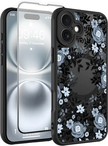 Vista 90 de Magnético para iPhone 13 con protector de pantalla [Compatible con MagSafe] Diseño de patrón floral de flores bonitas, funda delgada a prueba