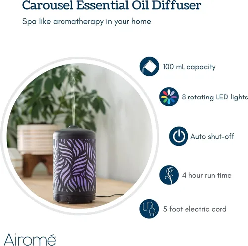 Vista 5 de Airome - Difusor ultrasónico de aceite esencial giratorio de 3.4 fl oz con luz LED, rotación de carrusel de 360, palma silvestre de metal negro