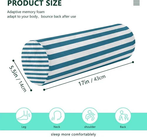 Vista 3 de Almohada redonda con funda de almohada cervical con rayas azules y blancas para el cuello, almohada cervical, soporte de cuello de espuma