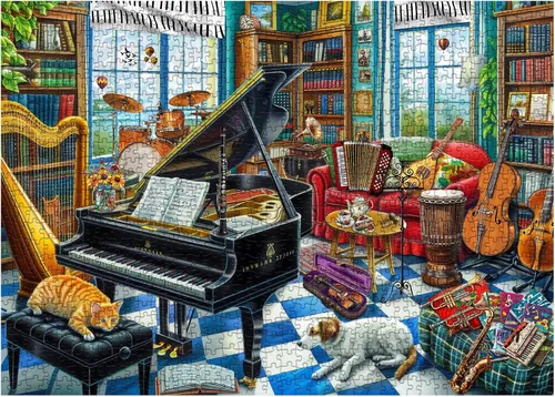 Vista 2 de Rompecabezas de sala de música para adultos, 1000 piezas, bonito rompecabezas de arte musical, divertidos rompecabezas de gato y perro Candy Town