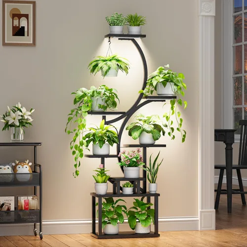 Vista 3 de Soporte para plantas con luces de cultivo para plantas de interior, estante esquinero alto de 8 niveles con luz de espectro completo, en forma de S