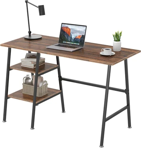 Vista 16 de VECELO Escritorio para computadora de 43 pulgadas, mesa de estudio, oficina, escritorio moderno con estantes, escritorio de madera para el Negro