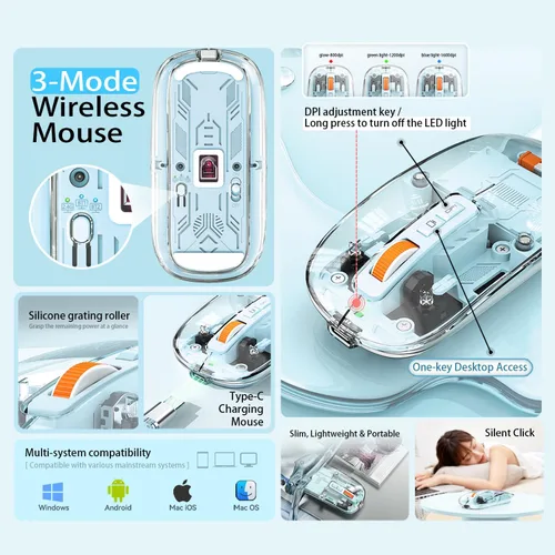 Vista 6 de FMOUSE Ratón Inalámbrico Moderno Transparente y Delgado - Diseño de Cáscara Magnética, 3 Modos (Bluetooth Dual + USB), Recargable, Escritorio de Un