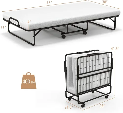 Vista 3 de GOFLAME Cama plegable con colchón de espuma viscoelástica, cama de invitados de tamaño individual con marco de metal resistente, cama plegable