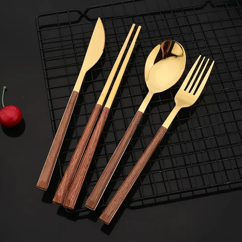 Vista 8 de JASHII Juego de cubiertos reutilizables de 24 piezas, acero inoxidable dorado, tenedor, cuchara, palillo y mango cuadrado de madera, servicio