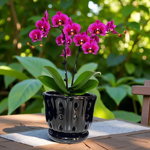 Vista 2 de Maceta de Cerámica para Orquídeas con Platillo Adjunto y Agujero de Drenaje de 6 Pulgadas (Negro)