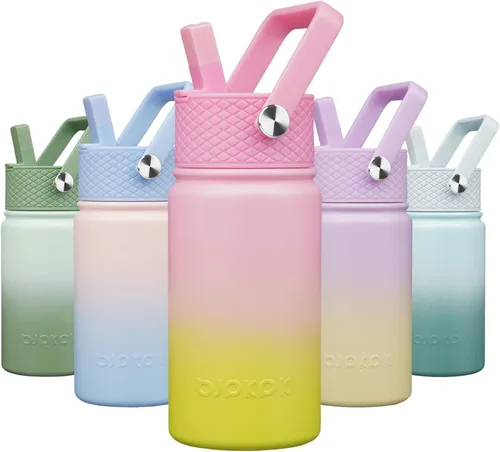 Vista 29 de BJPKPK Botella de agua con tapa con pajilla, botella de agua aislada de 15 onzas, botellas de agua de metal de acero inoxidable, termo reutilizable