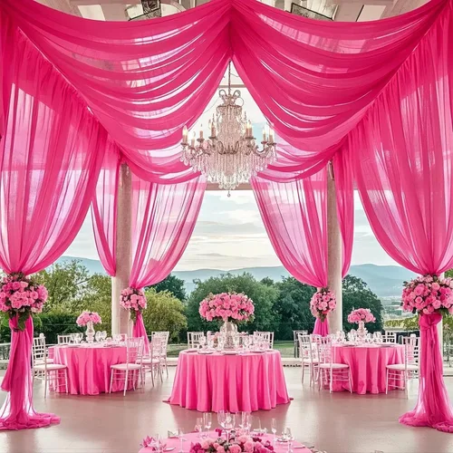 Vista 6 de FOTSHARER 6 paneles de cortinas de techo para bodas, cortinas de gasa rosa intenso, 5 x 10 pies, tul fucsia, tela drapeada, cortina de techo