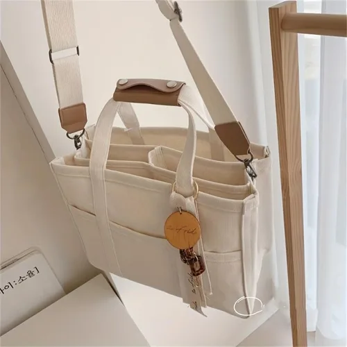 Vista 5 de Bolsa de lona con múltiples bolsillos para mujer, bolsa cruzada duradera de gran capacidad, bolsa de hombro práctica casual con compartimentos