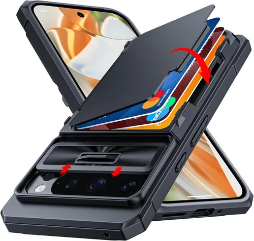 Vista 18 de CENMASO - Funda para Google Pixel 9 Pro XL con tarjetero (4 tarjetas), funda deslizante para cámara y función atril, bloqueo RFID, protección