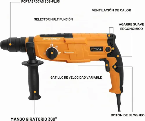 Vista 3 de Hoteche Taladro Martillo Rotativo 3 en 1 de 1 Pulgada SDS Plus Martillo Eléctrico 6.7-Amp/800W Velocidad Variable con Cable Taladro Martillo
