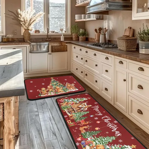 Vista 5 de Juego de 2 alfombras de cocina de Navidad, muñeco de nieve, árbol de Navidad, antideslizantes, lavables, decoración de cocina de invierno y Navidad