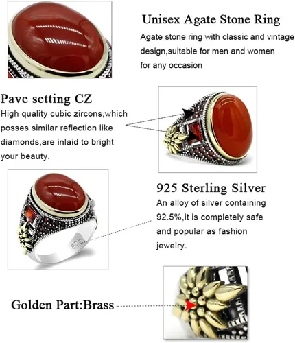 Vista 3 de Qida Solid 925 Sterling Silver Ring for Men Onyx Stone Ring Turkish Handmade Agate Silver Luxury Vintage Men's Ring