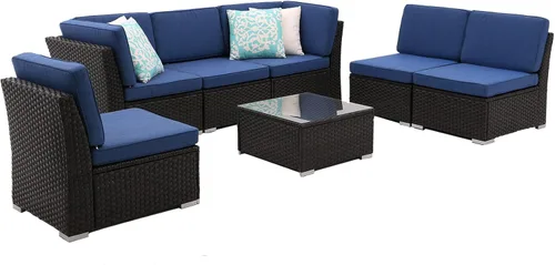 Vista 9 de Juego de sofá de patio de 7 piezas con mesa de centro, juego de conversación de patio, sofá seccional al aire libre, juego de muebles de ratán
