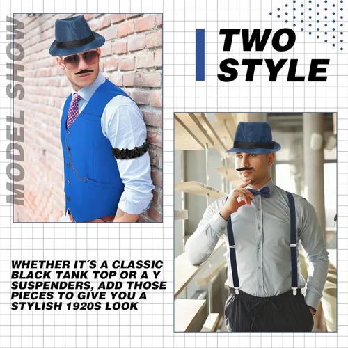 Vista 3 de Disfraz de los años 20 para hombre, atuendo con accesorios, chaleco de gángster de Gatsby, sombrero de fieltro, reloj de bolsillo vintage, tirantes