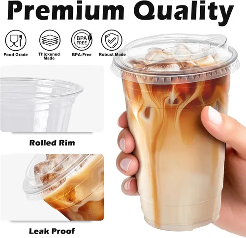 Vista 4 de Clawsoff Paquete de 100 vasos de plástico transparente de 20 onzas con tapas, tazas de café helado resistentes con tapas para sorbos, vasos