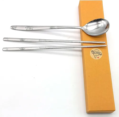 Vista 9 de SUPIA Cubertería tradicional coreana de acero inoxidable cucharas y palillos juego de vajilla con mano larga, reutilizable (tortuga plateada)