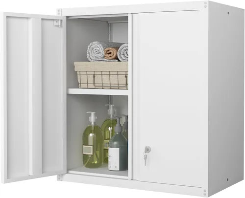 Vista 10 de Armario de almacenamiento de garaje de 28 pulgadas de alto, gabinetes de pared de garaje de metal con puertas y estantes, gabinete pequeño
